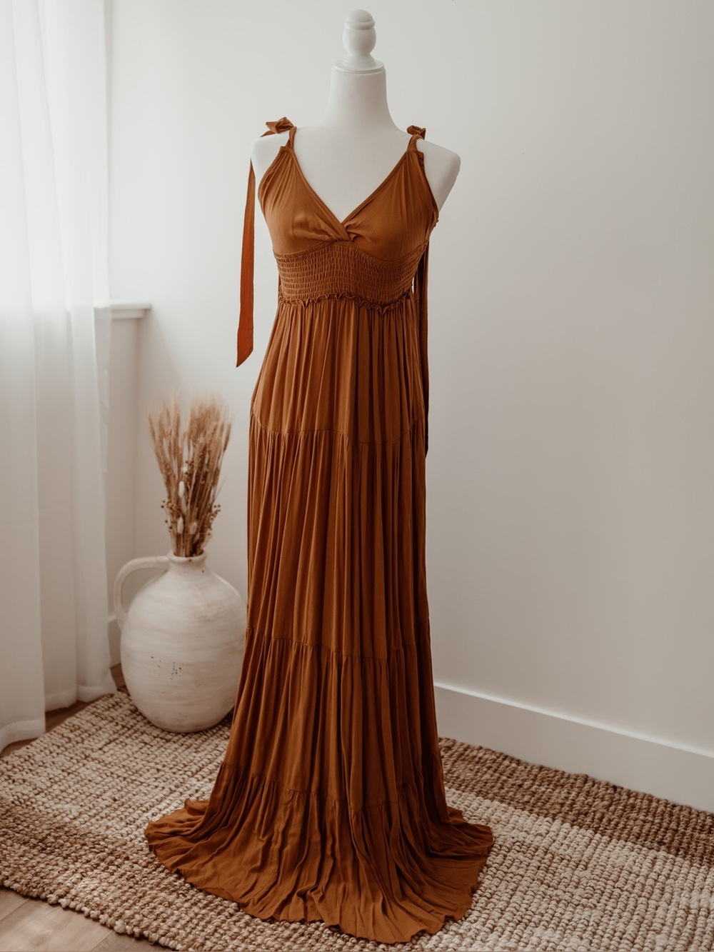 Lulus Tiered Tie-Shoulder Maxi Dress in Rust Brown
